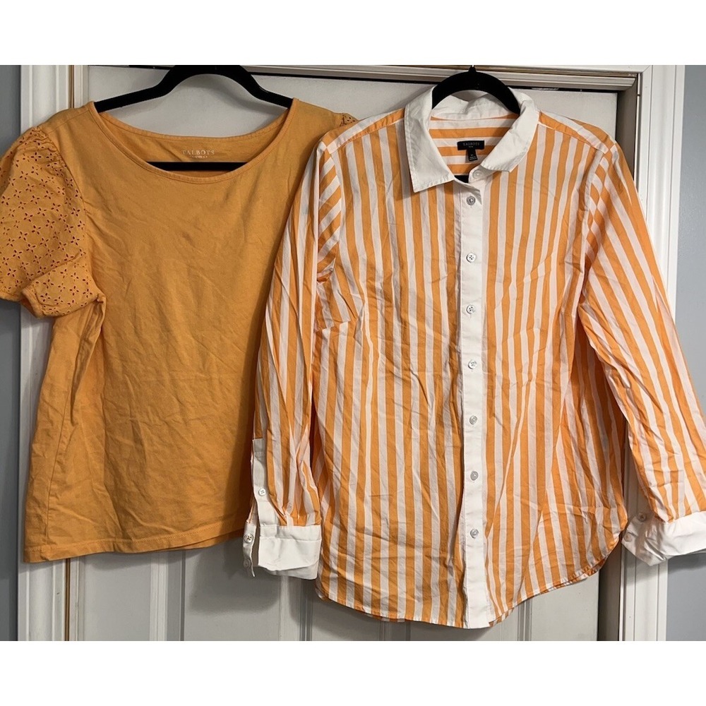 Talbots Woman Shirts LOT Petite Large Striped Stretch Boat Neck Button Up Orange